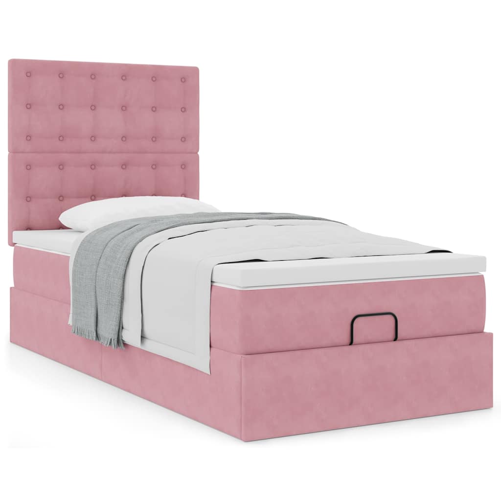 Cadre de lit ottoman avec matelas rose 90x200 cm velours - XIOS