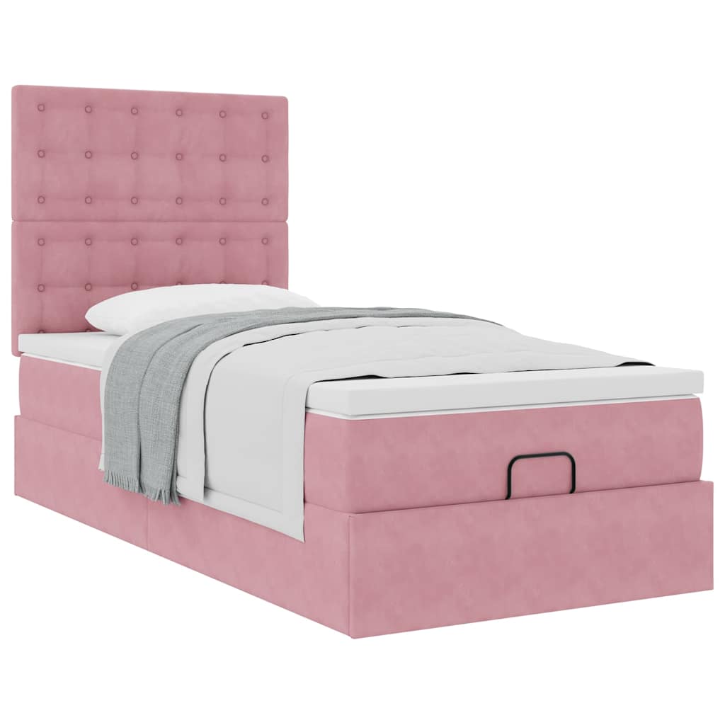 Cadre de lit ottoman avec matelas rose 90x200 cm velours - XIOS