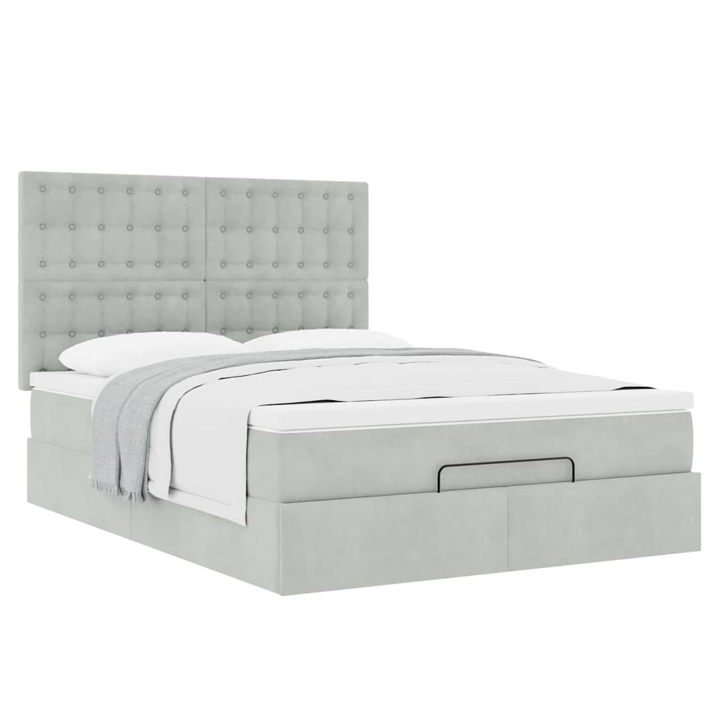 Cadre de lit ottoman et matelas gris clair 140x190 velours - XIOS