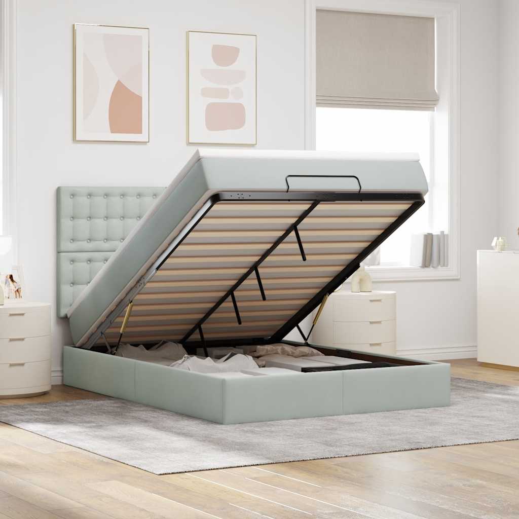 Cadre de lit ottoman et matelas gris clair 140x190 velours - XIOS