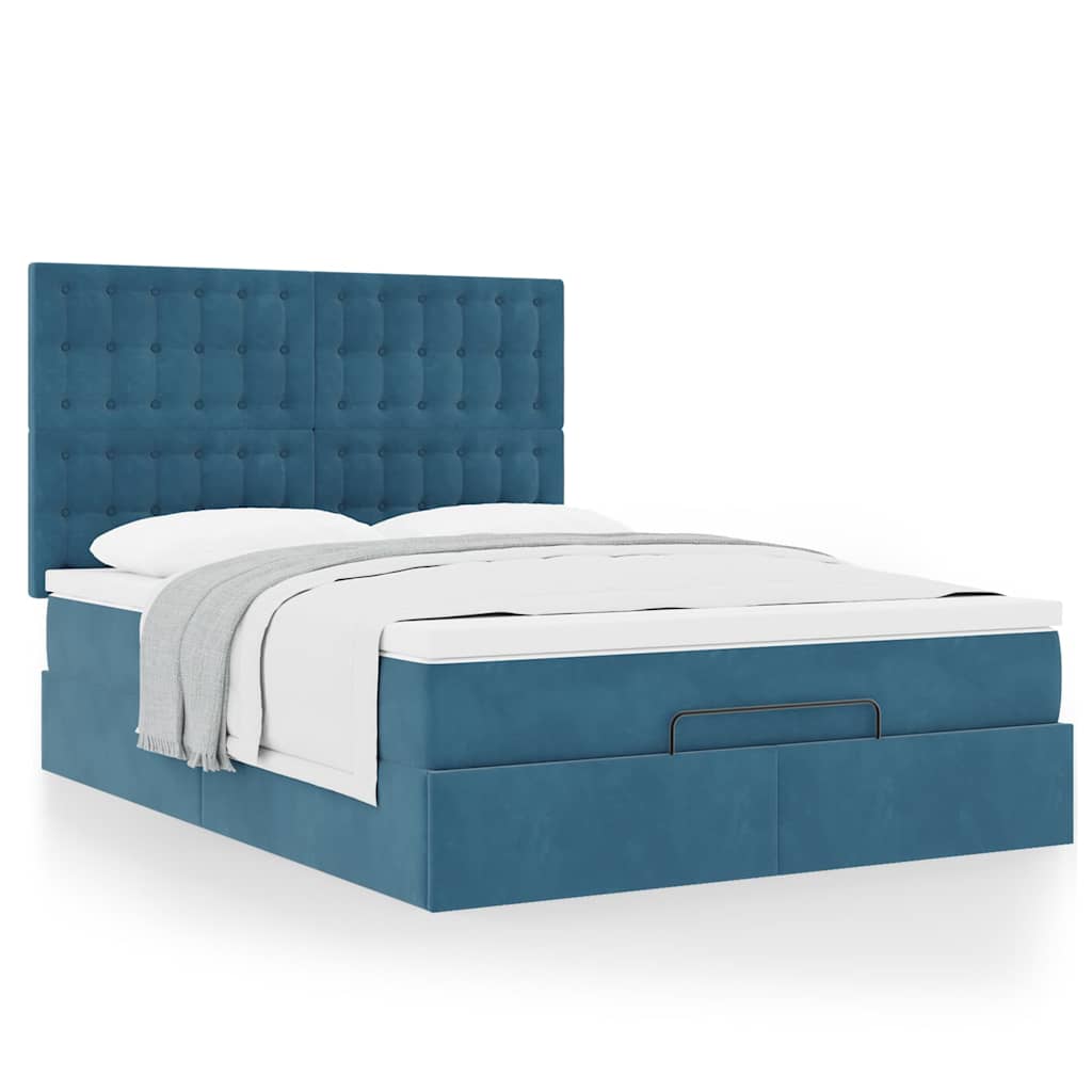 Cadre de lit ottoman avec matelas bleu foncé 140x190 cm velours - XIOS