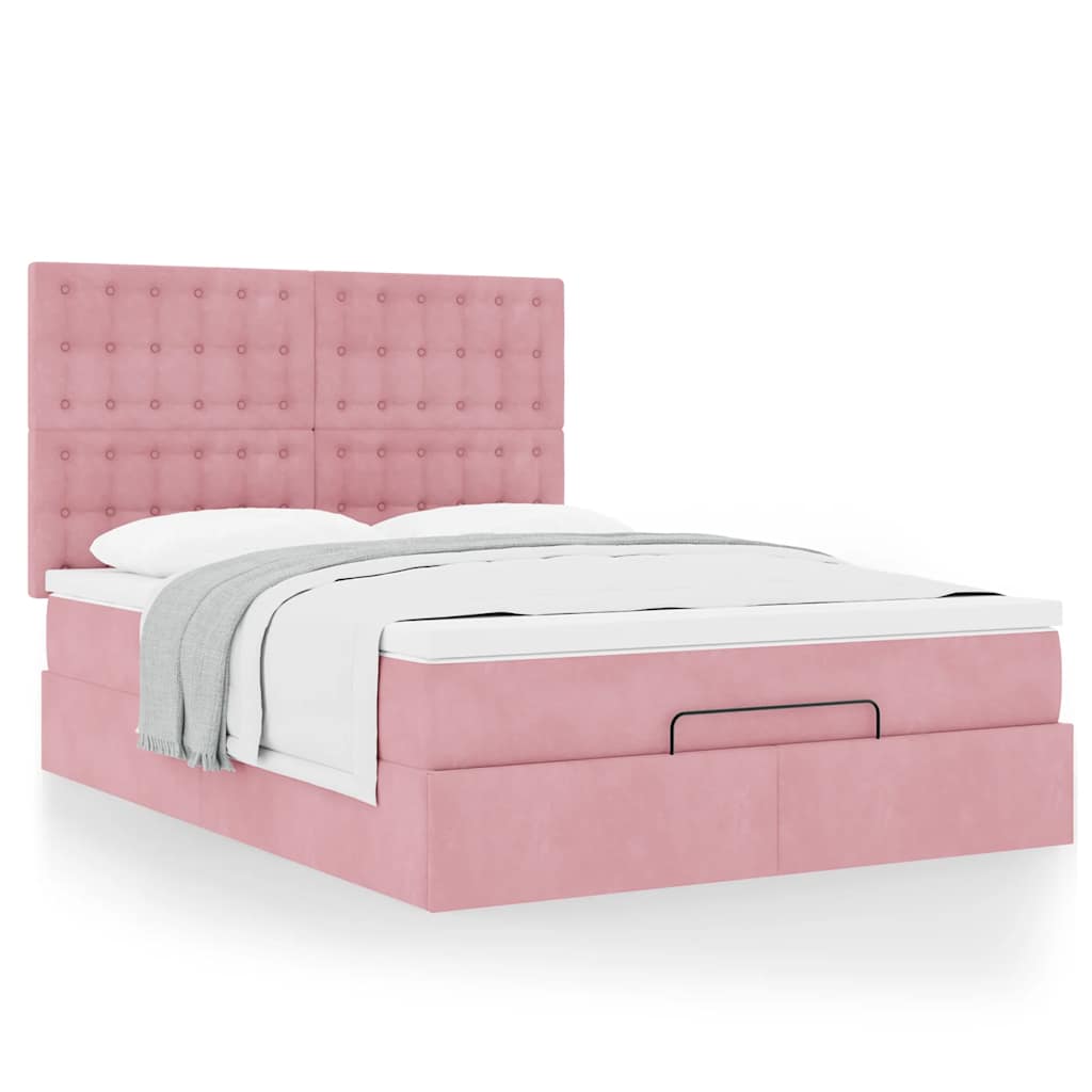 Cadre de lit ottoman avec matelas rose 140x200 cm velours - XIOS