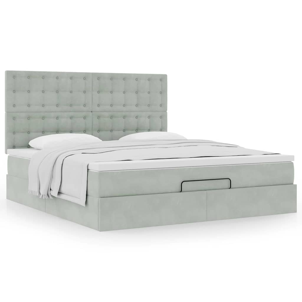 Cadre de lit ottoman et matelas gris clair 160x200cm velours - XIOS