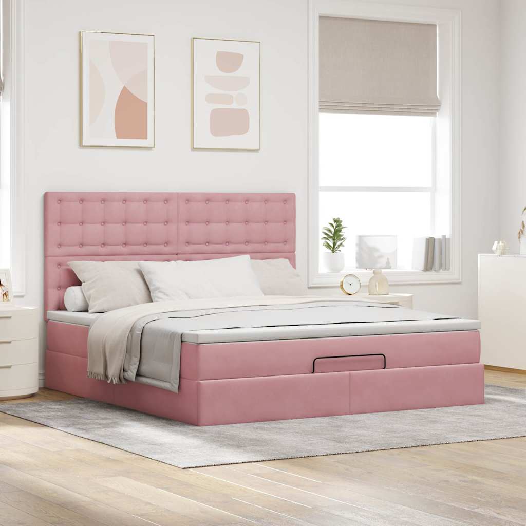 Cadre de lit ottoman avec matelas rose 160x200 cm velours - XIOS