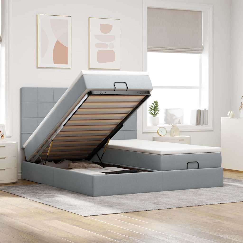 Cadre de lit ottoman et matelas gris clair 180x200cm tissu - XIOS