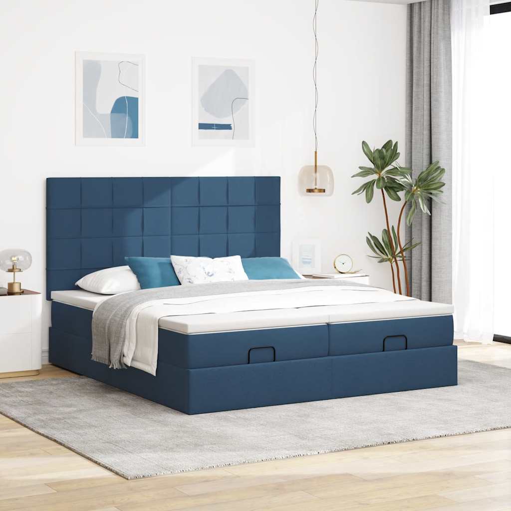 Cadre de lit ottoman avec matelas bleu 180x200 cm tissu - XIOS