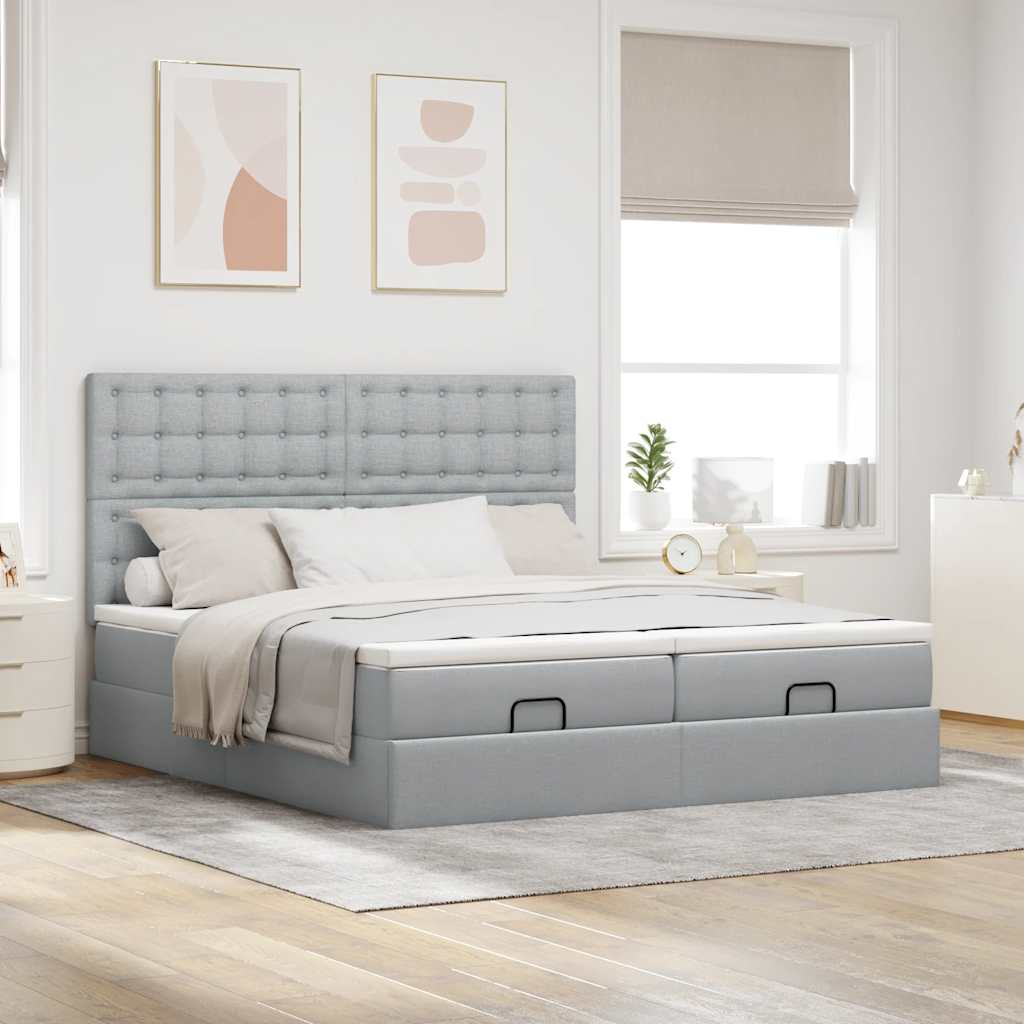 Cadre de lit ottoman et matelas gris clair 160x200cm tissu - XIOS