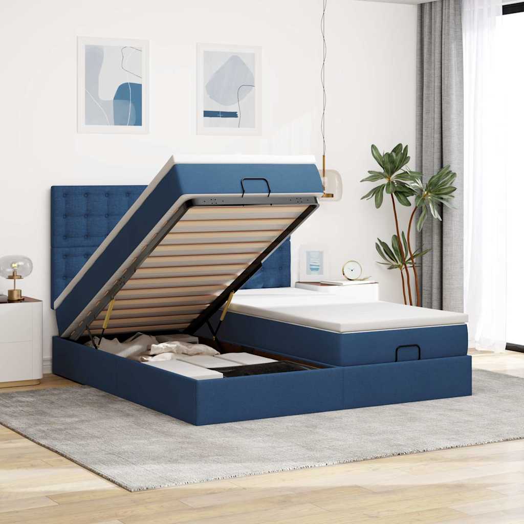 Cadre de lit ottoman avec matelas bleu 160x200 cm tissu - XIOS