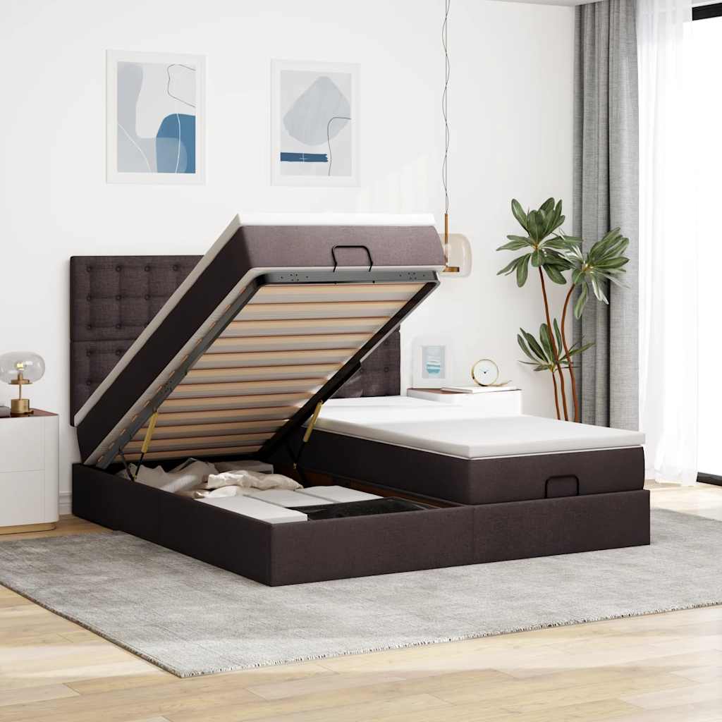 Cadre de lit ottoman avec matelas marron foncé 180x200 cm tissu - XIOS