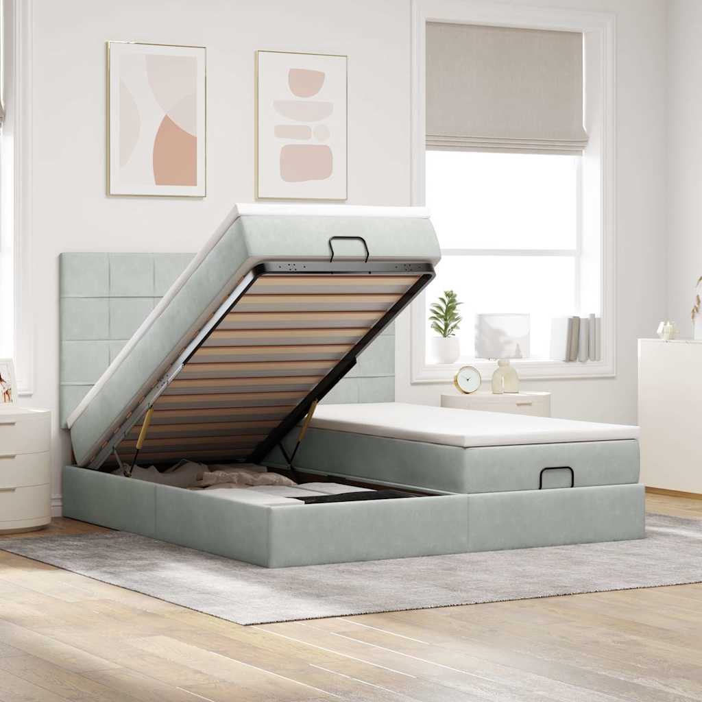 Cadre de lit ottoman et matelas gris clair 180x200cm velours - XIOS