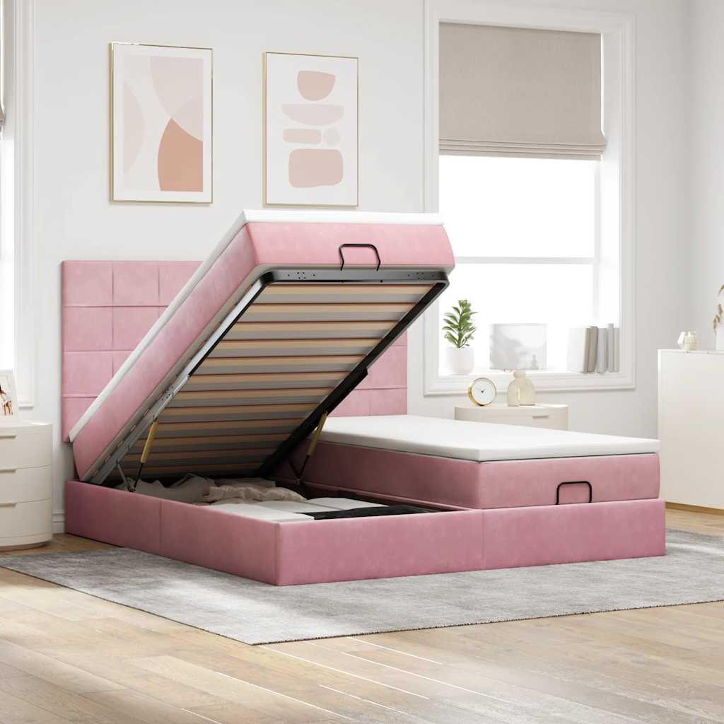 Cadre de lit ottoman avec matelas rose 200x200 cm velours - XIOS