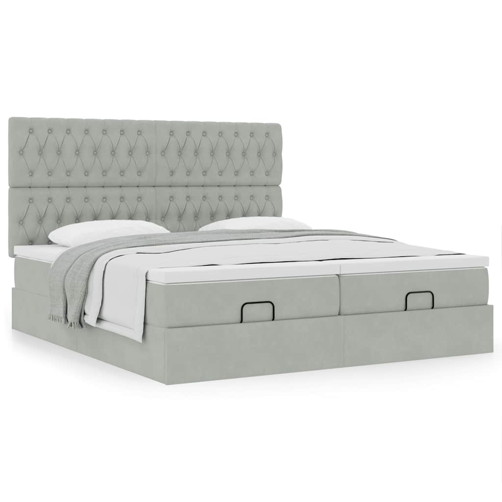 Cadre de lit ottoman et matelas gris clair 160x200cm velours - XIOS