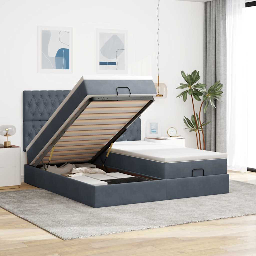 Cadre de lit ottoman avec matelas gris foncé 160x200cm velours - XIOS