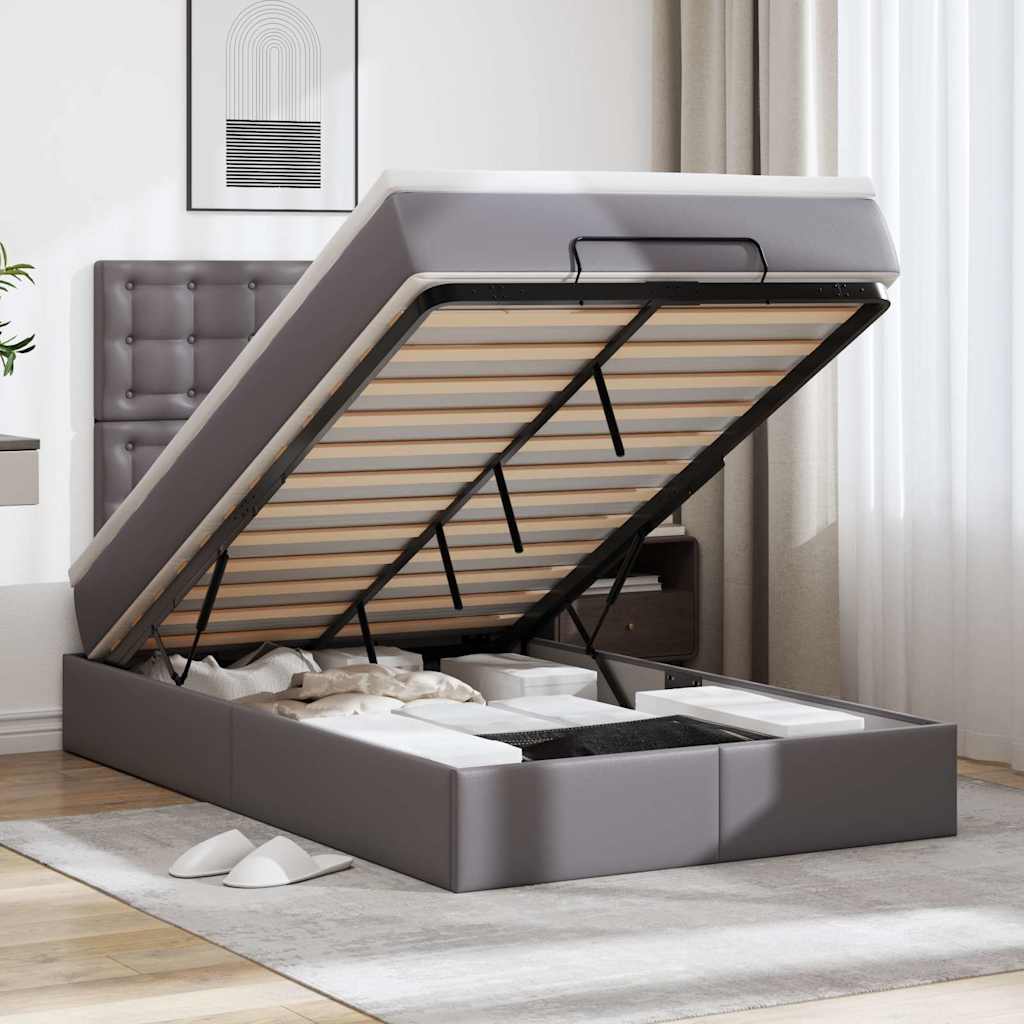 Cadre de lit ottoman avec matelas gris 120x190 cm similicuir - XIOS