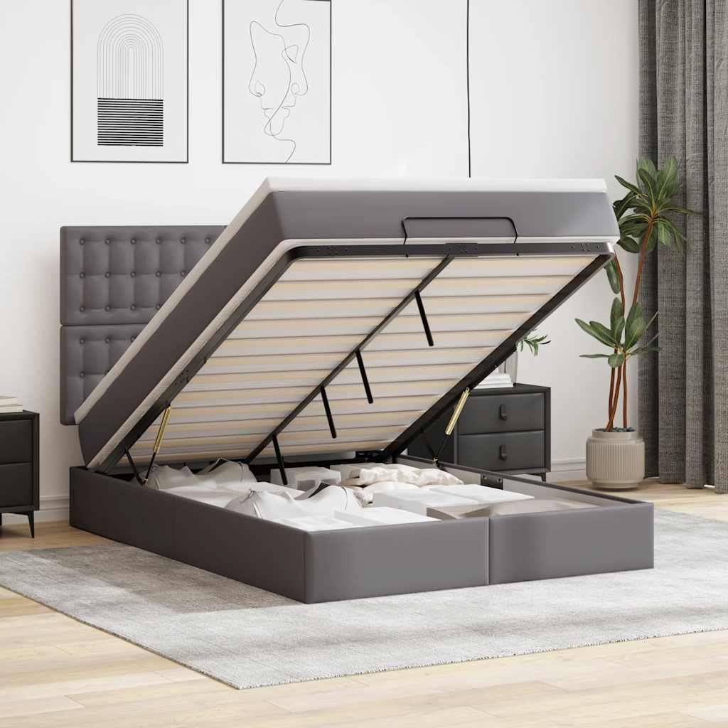 Cadre de lit ottoman avec matelas gris 140x190 cm similicuir - XIOS