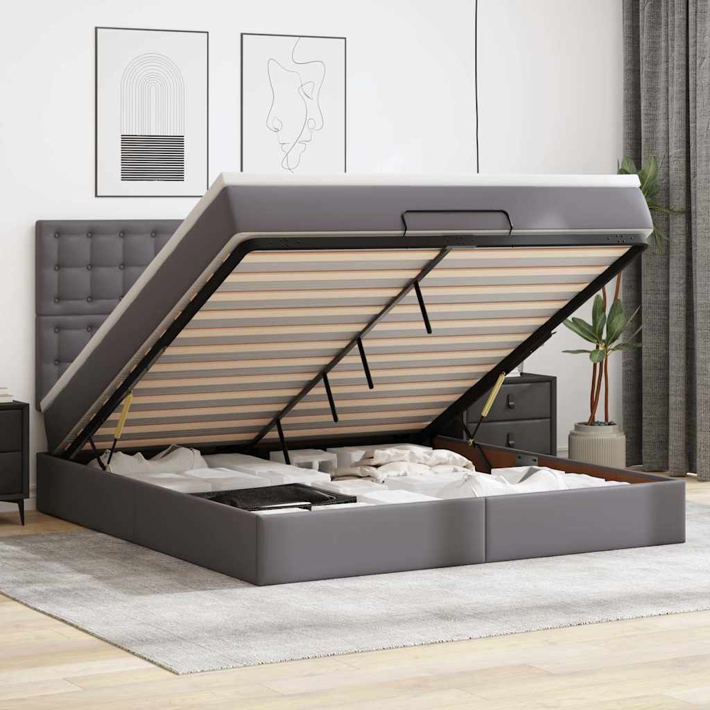 Cadre de lit ottoman avec matelas gris 160x200 cm similicuir - XIOS