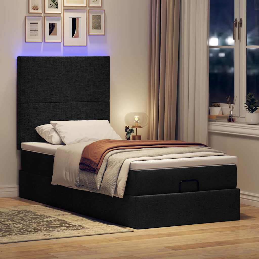 Lit ottoman avec matelas et LED noir 80x200cm tissu - XIOS