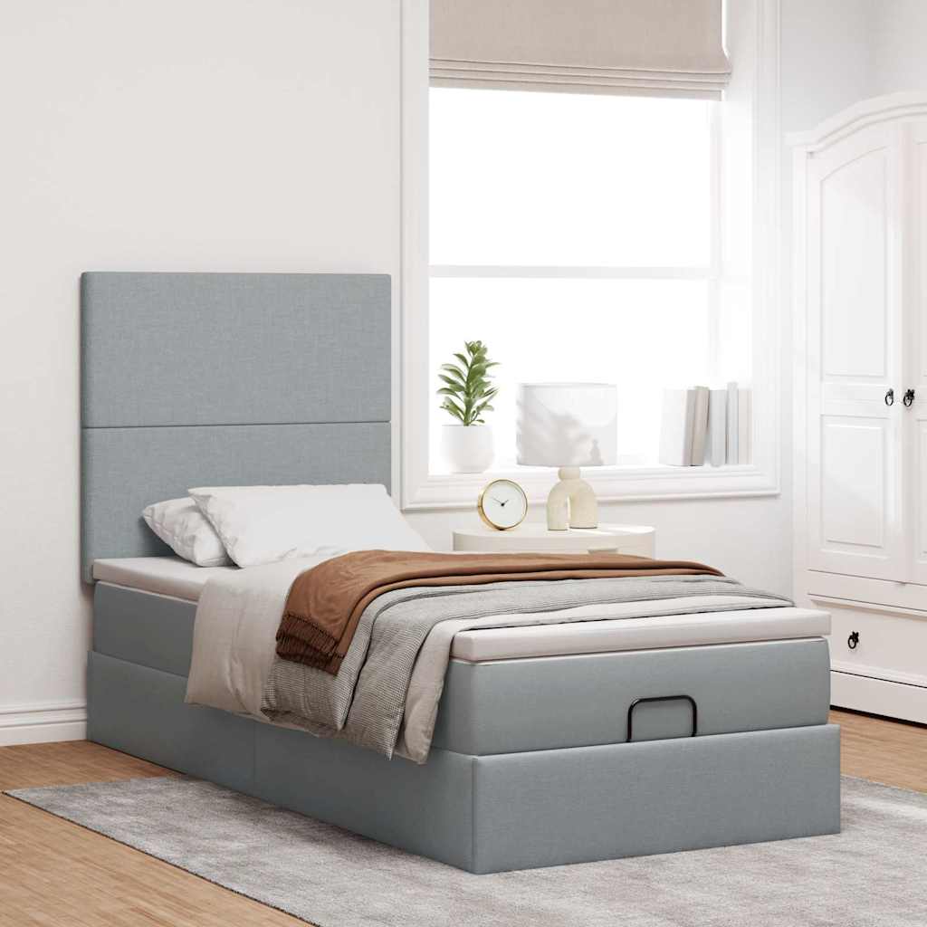 Cadre de lit ottoman et matelas gris clair 90x190 cm tissu - XIOS