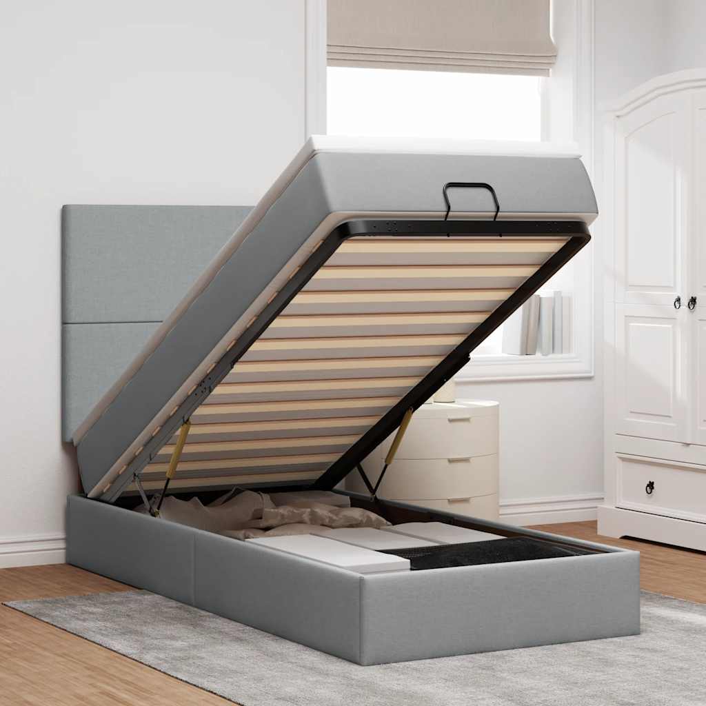 Cadre de lit ottoman et matelas gris clair 90x190 cm tissu - XIOS