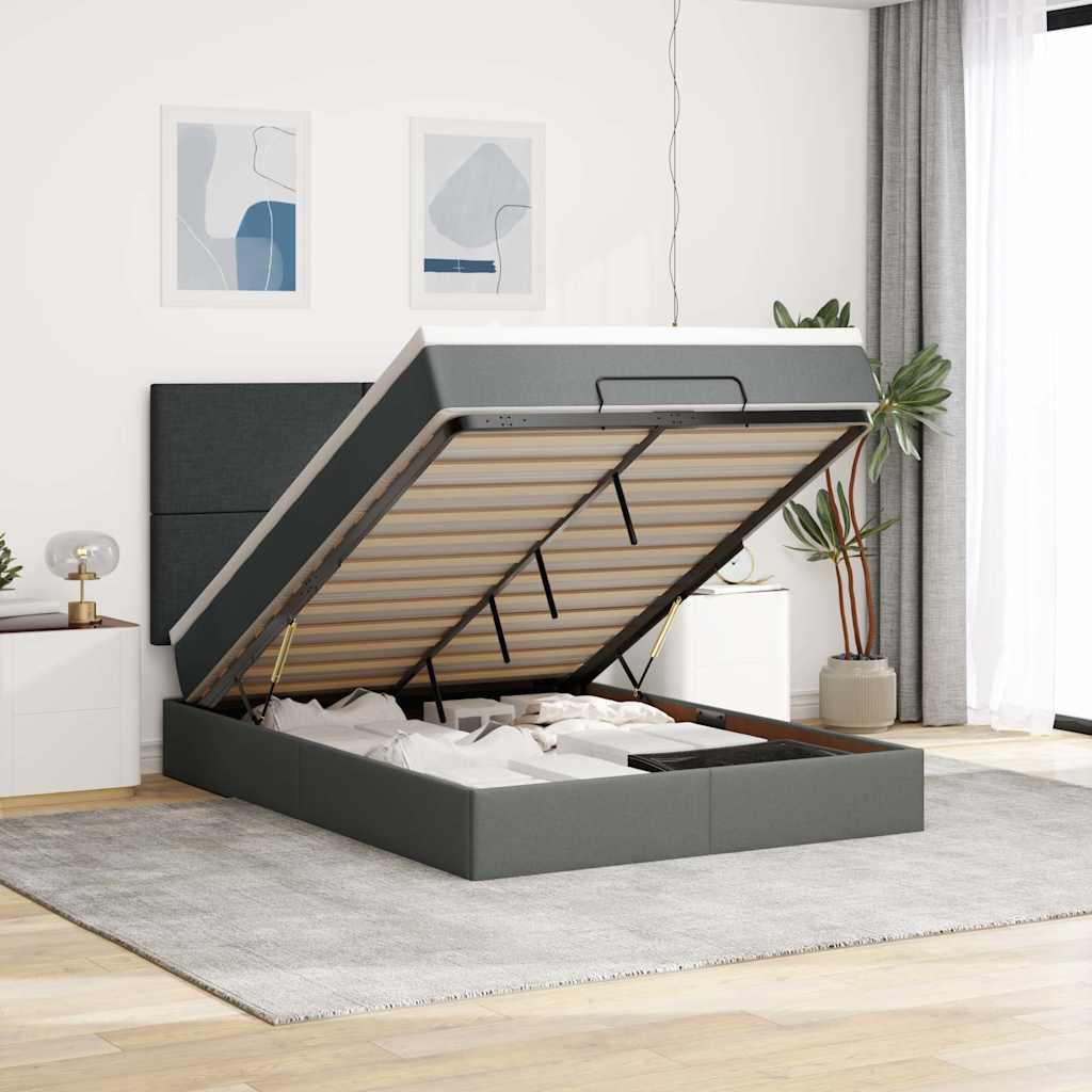 Cadre de lit ottoman avec matelas gris foncé 140x190 cm tissu - XIOS