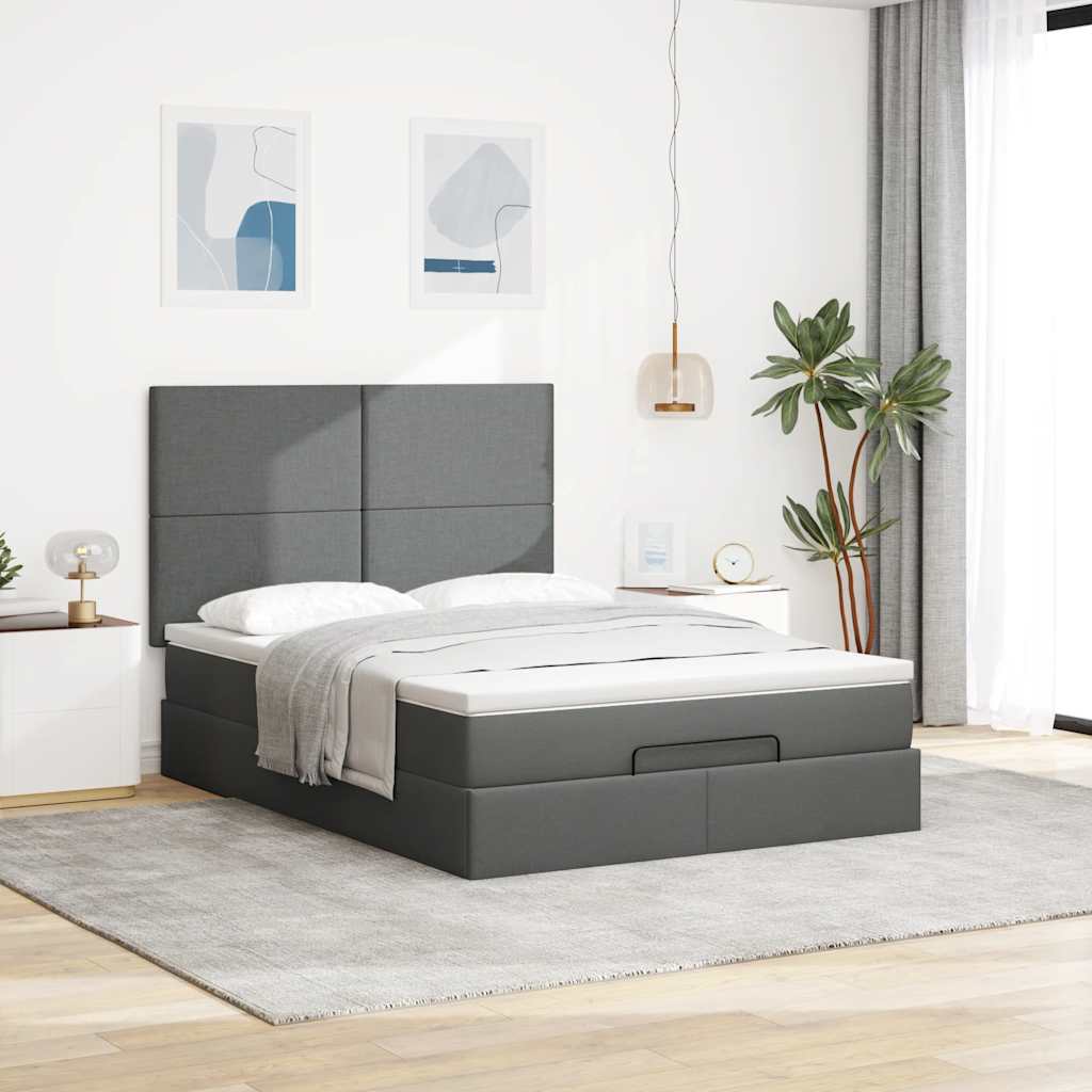 Cadre de lit ottoman avec matelas gris foncé 140x200 cm tissu - XIOS