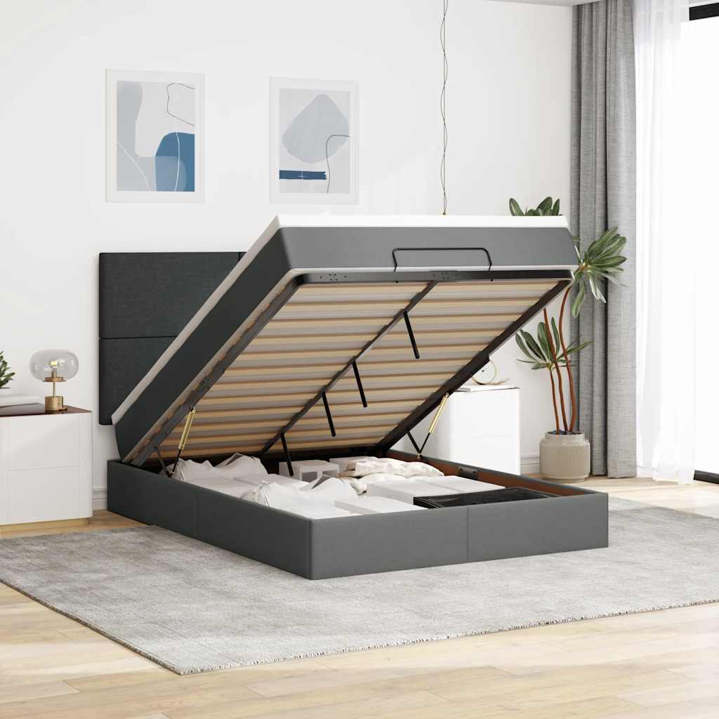 Cadre de lit ottoman avec matelas gris foncé 140x200 cm tissu - XIOS