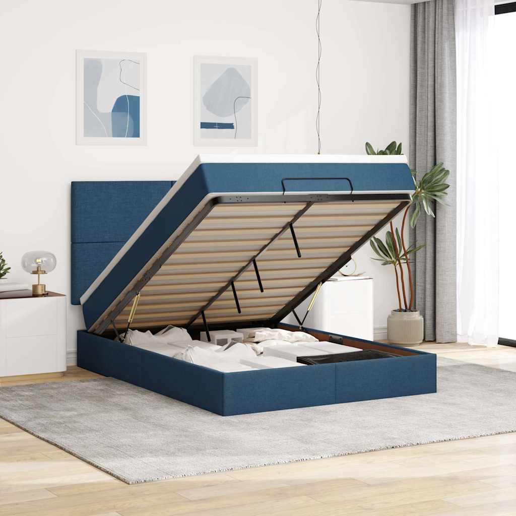 Cadre de lit ottoman avec matelas bleu 140x200 cm tissu - XIOS