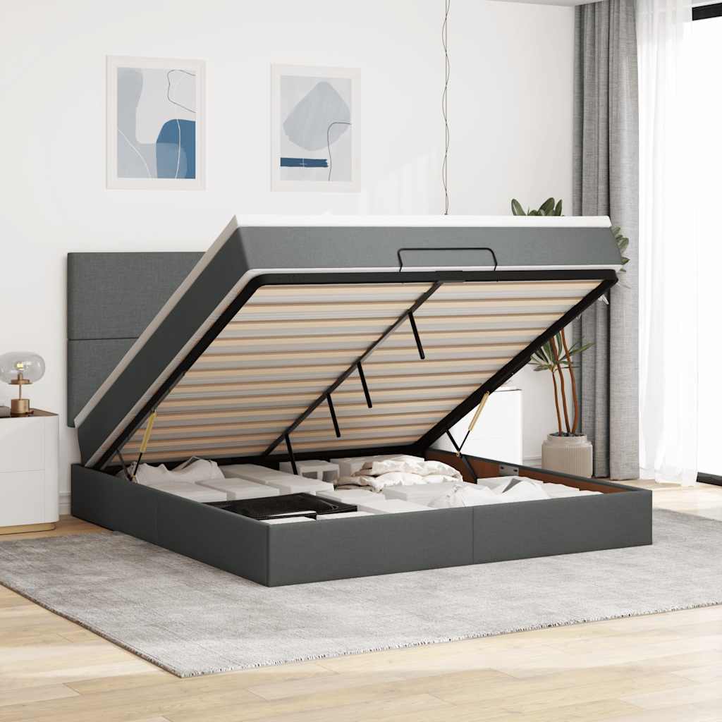 Cadre de lit ottoman avec matelas gris foncé 160x200cm tissu - XIOS
