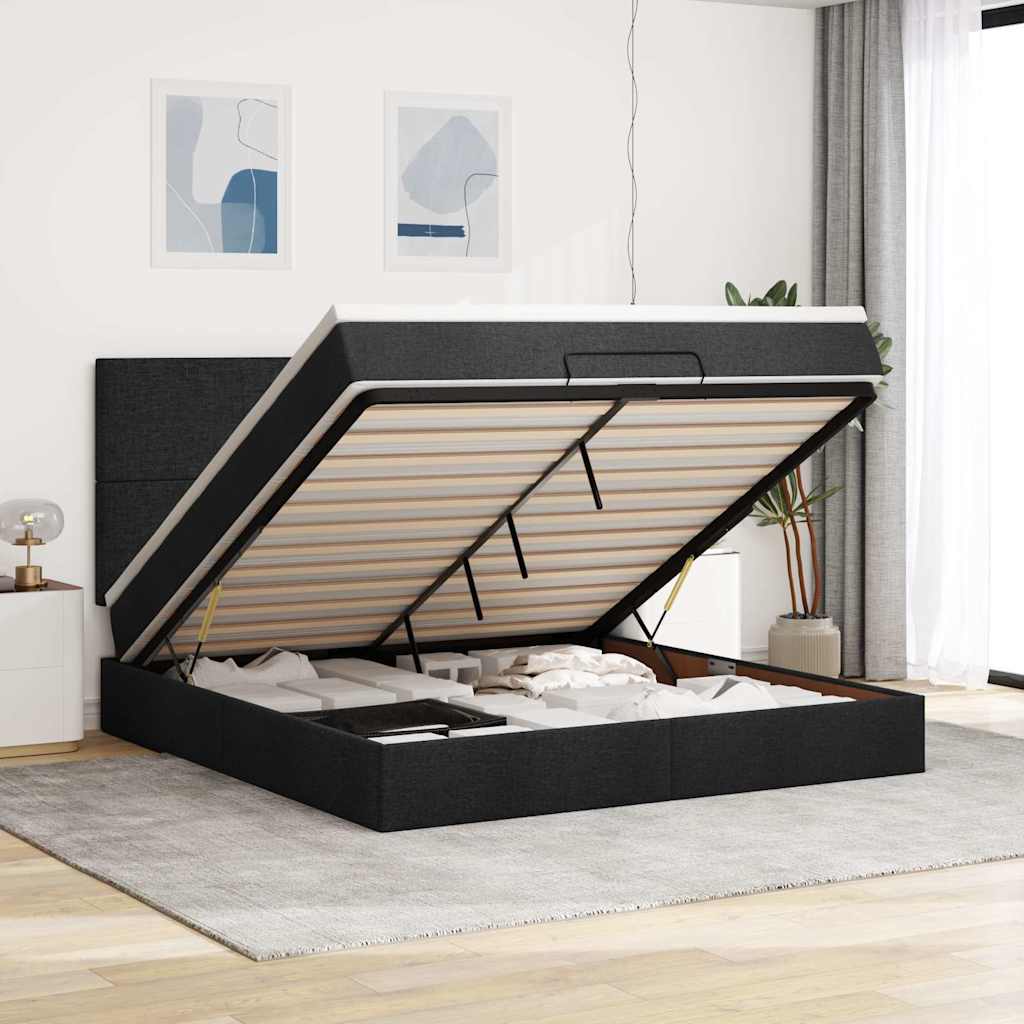 Cadre de lit ottoman avec matelas noir 160x200 cm tissu - XIOS