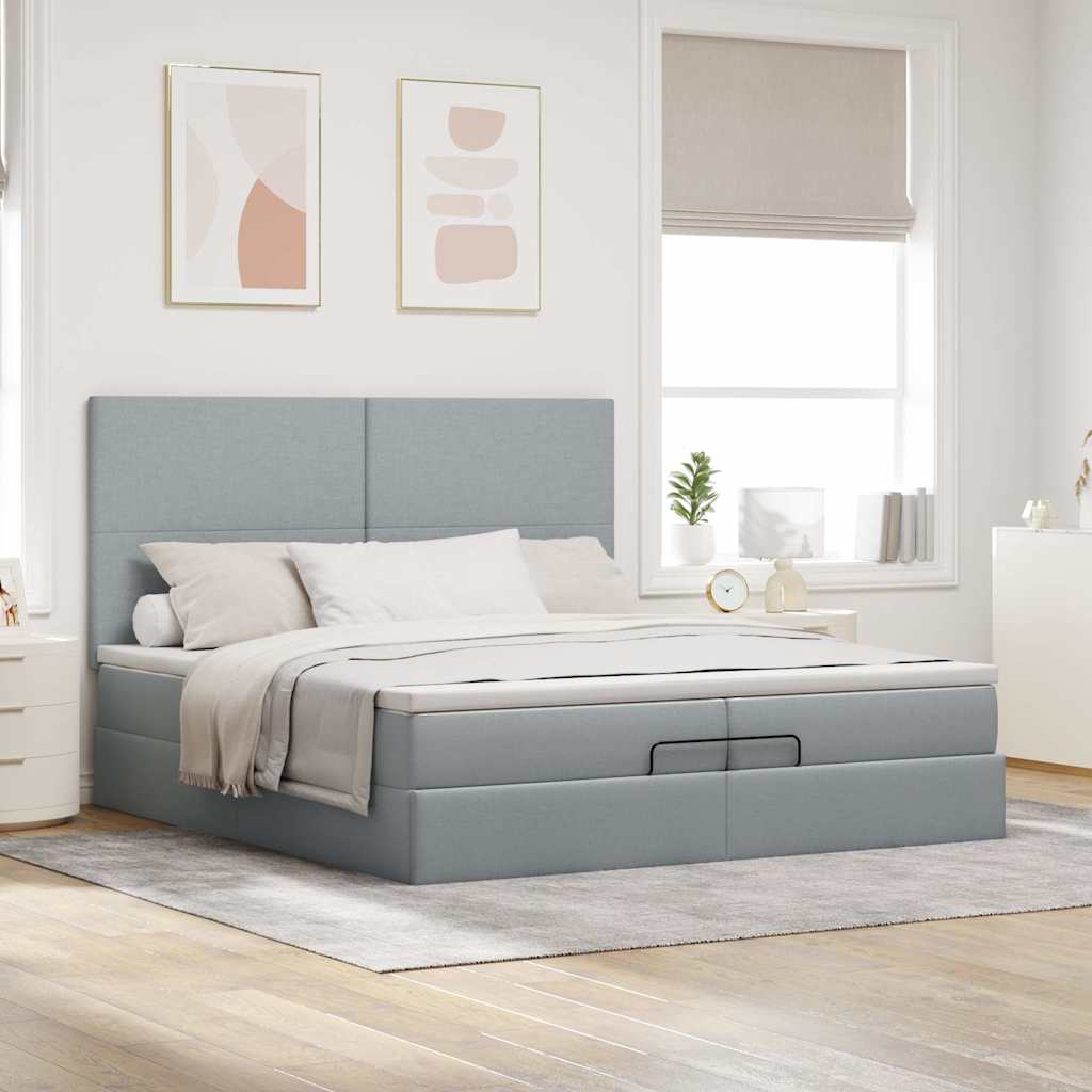 Cadre de lit ottoman et matelas gris clair 200x200cm tissu - XIOS