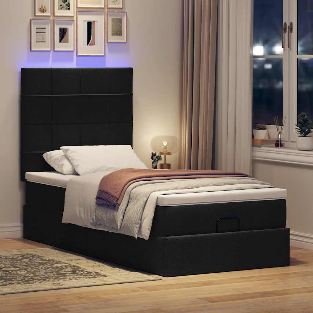Lit ottoman avec matelas et LED noir 80x200cm tissu - XIOS
