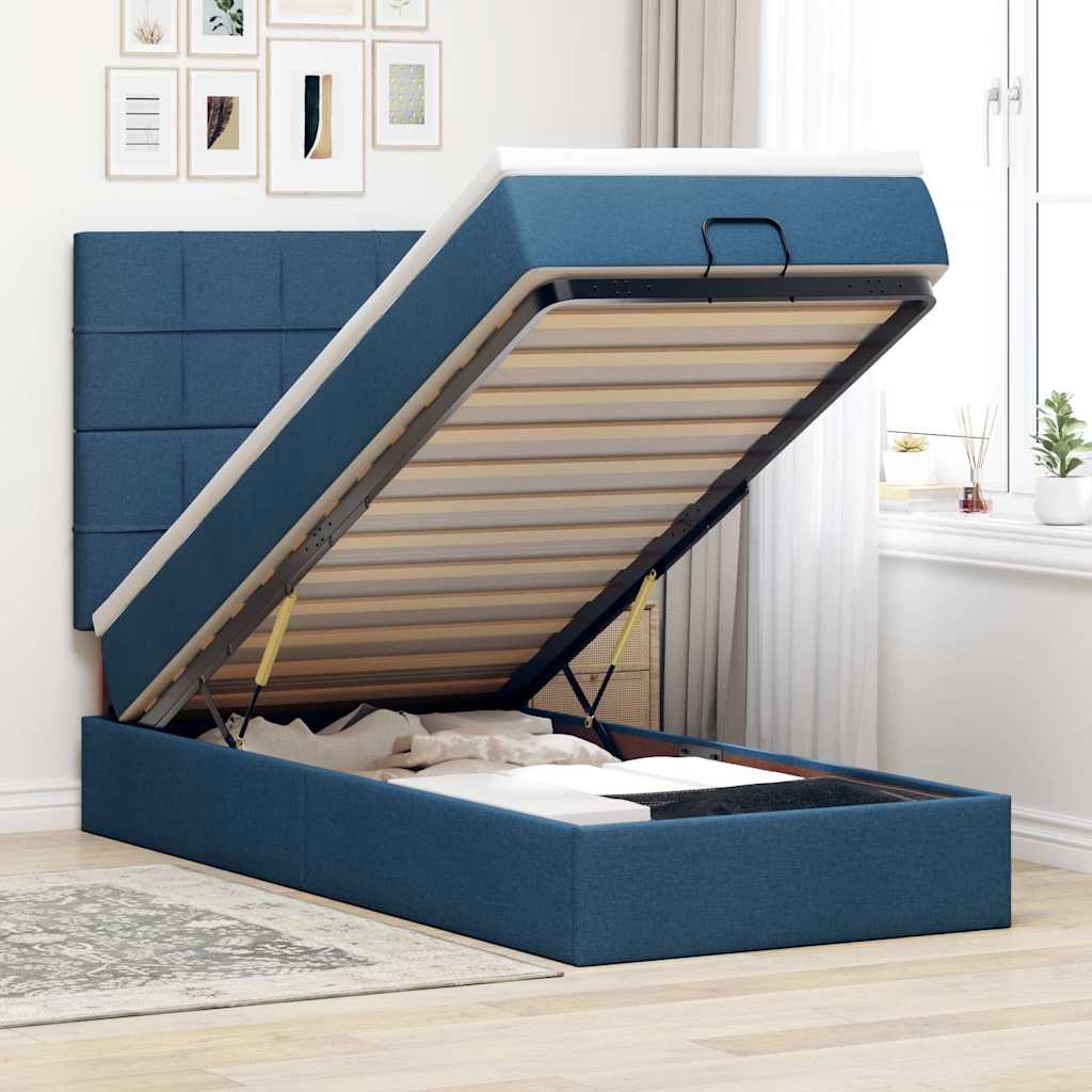Cadre de lit ottoman avec matelas bleu 80x200 cm tissu - XIOS