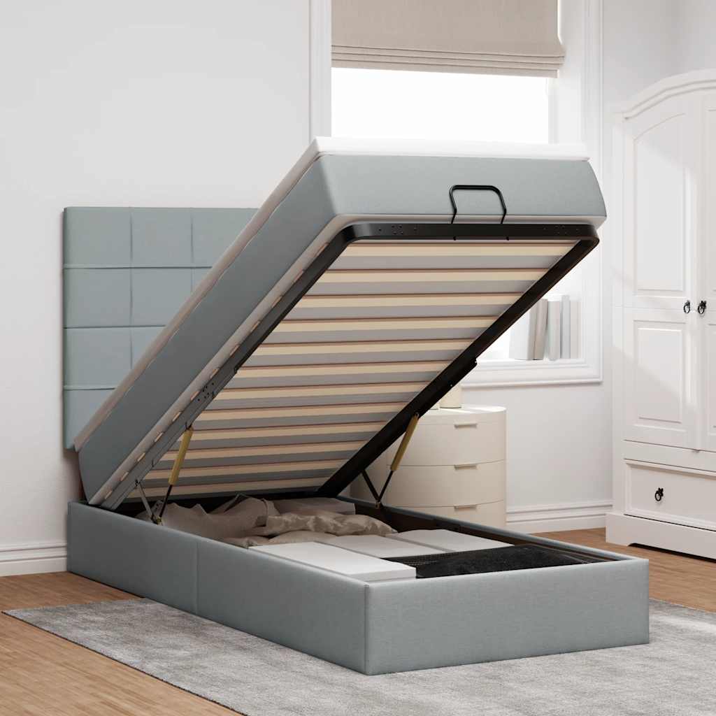 Cadre de lit ottoman et matelas gris clair 90x190 cm tissu - XIOS