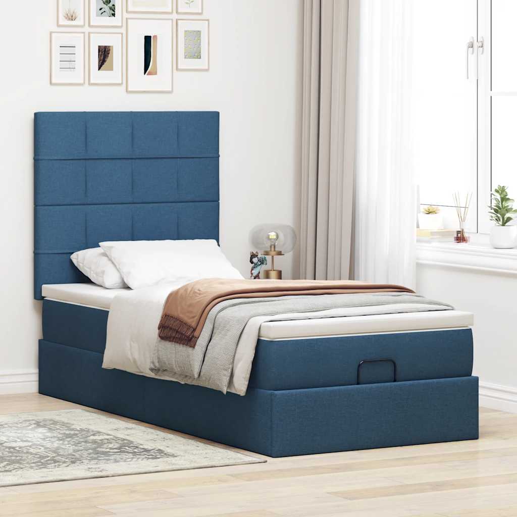 Cadre de lit ottoman avec matelas bleu 90x190 cm tissu - XIOS
