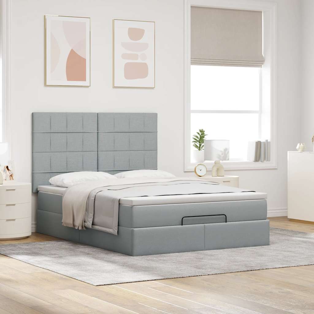 Cadre de lit ottoman et matelas gris clair 140x190 cm tissu - XIOS