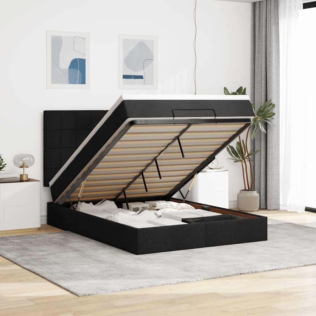 Cadre de lit ottoman avec matelas noir 140x190 cm tissu - XIOS