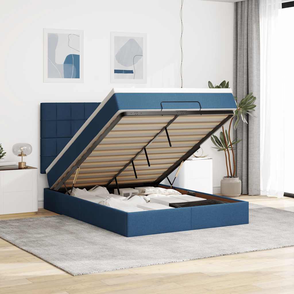 Cadre de lit ottoman avec matelas bleu 140x200 cm tissu - XIOS