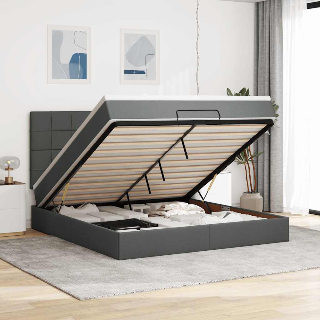 Cadre de lit ottoman avec matelas gris foncé 160x200cm tissu - XIOS