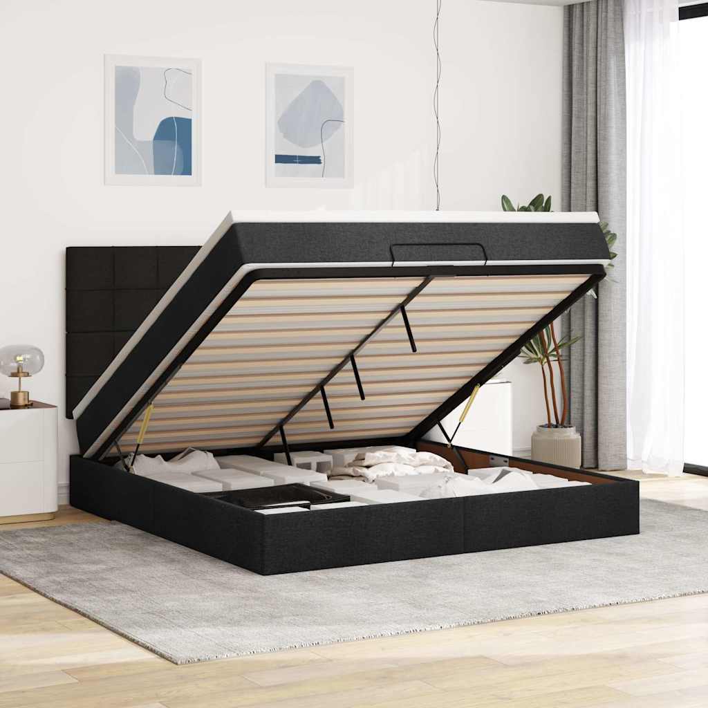 Cadre de lit ottoman avec matelas noir 160x200 cm tissu - XIOS