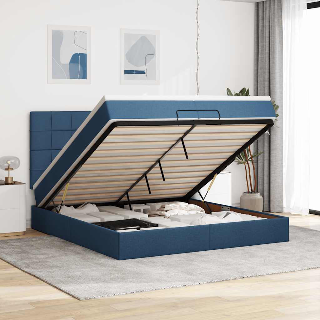 Cadre de lit ottoman avec matelas bleu 200x200cm tissu - XIOS