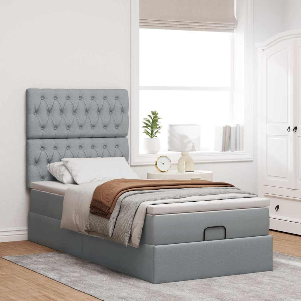 Cadre de lit ottoman et matelas gris clair 90x190 cm tissu - XIOS