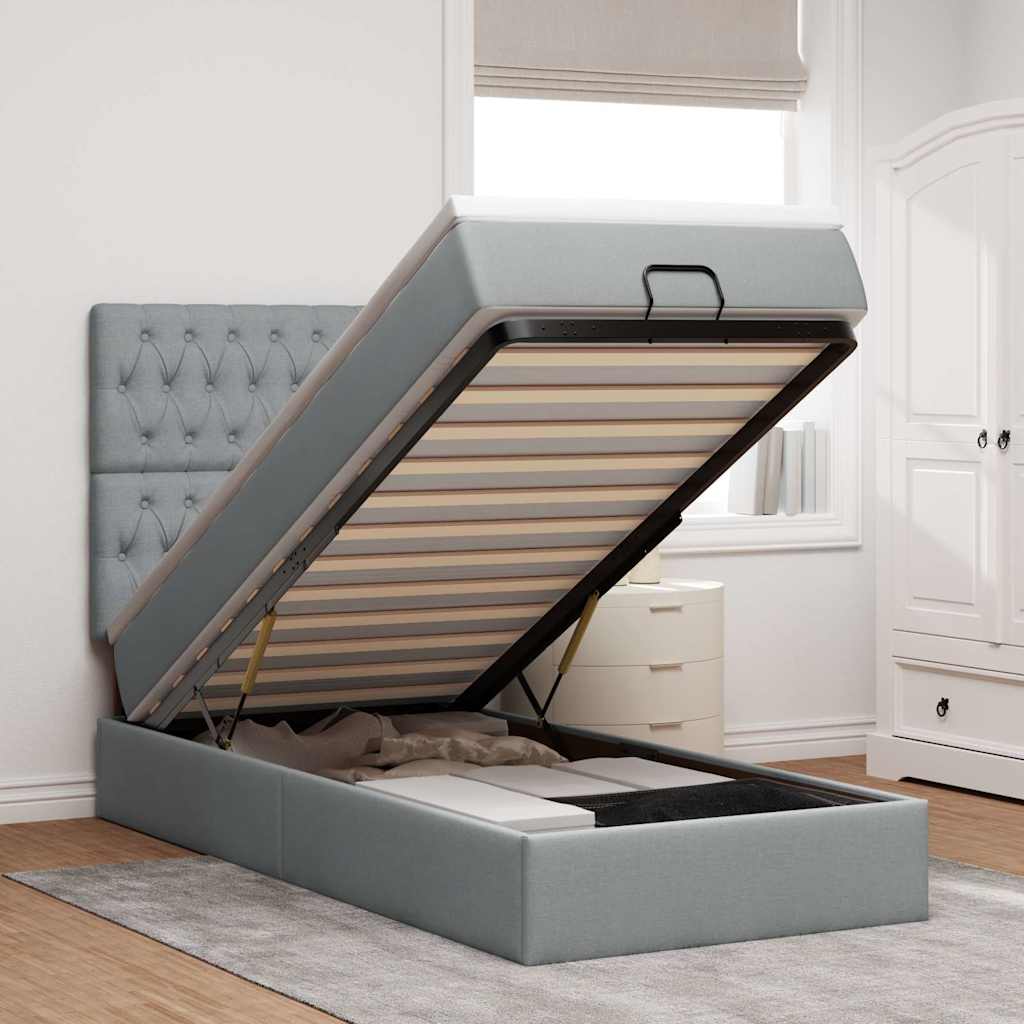 Cadre de lit ottoman et matelas gris clair 90x190 cm tissu - XIOS