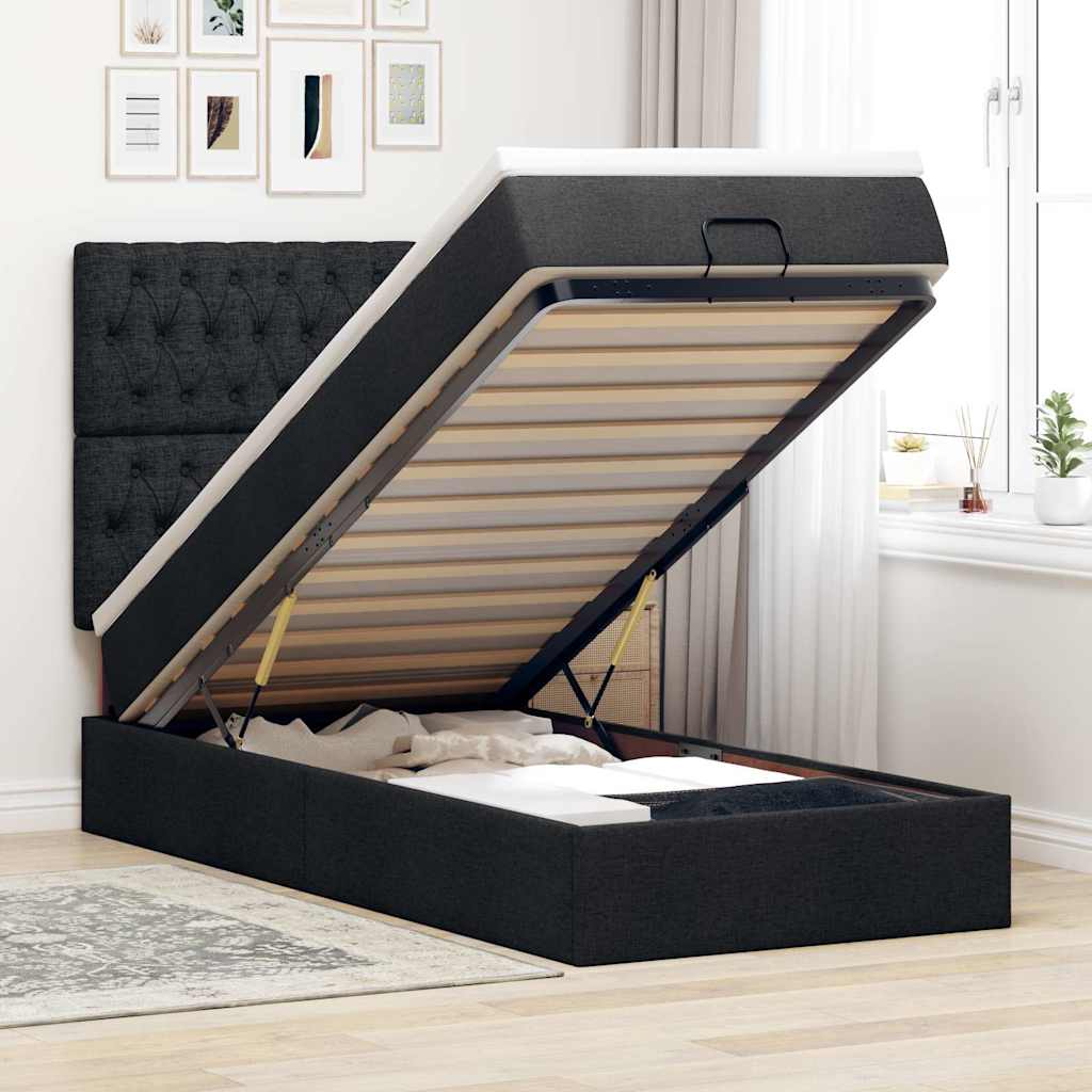 Cadre de lit ottoman avec matelas noir 90x190 cm tissu - XIOS