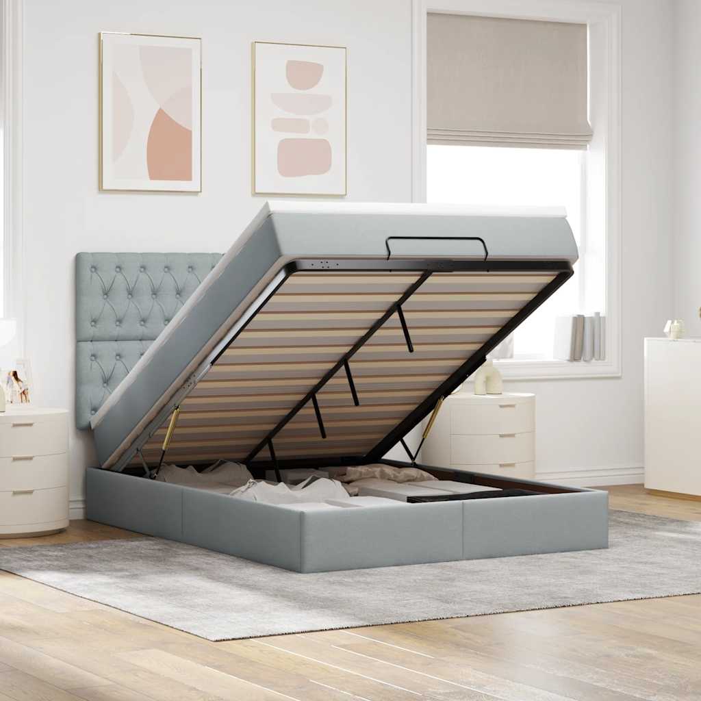 Cadre de lit ottoman et matelas gris clair 140x190 cm tissu - XIOS
