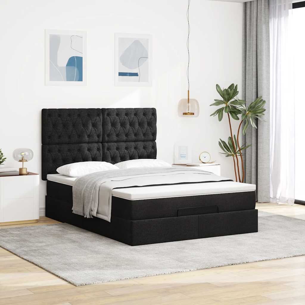 Cadre de lit ottoman avec matelas noir 140x190 cm tissu - XIOS