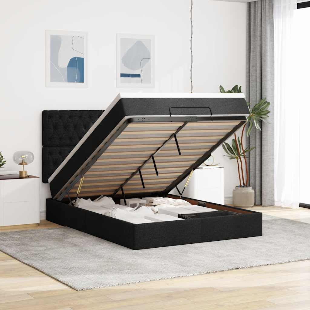 Cadre de lit ottoman avec matelas noir 140x190 cm tissu - XIOS