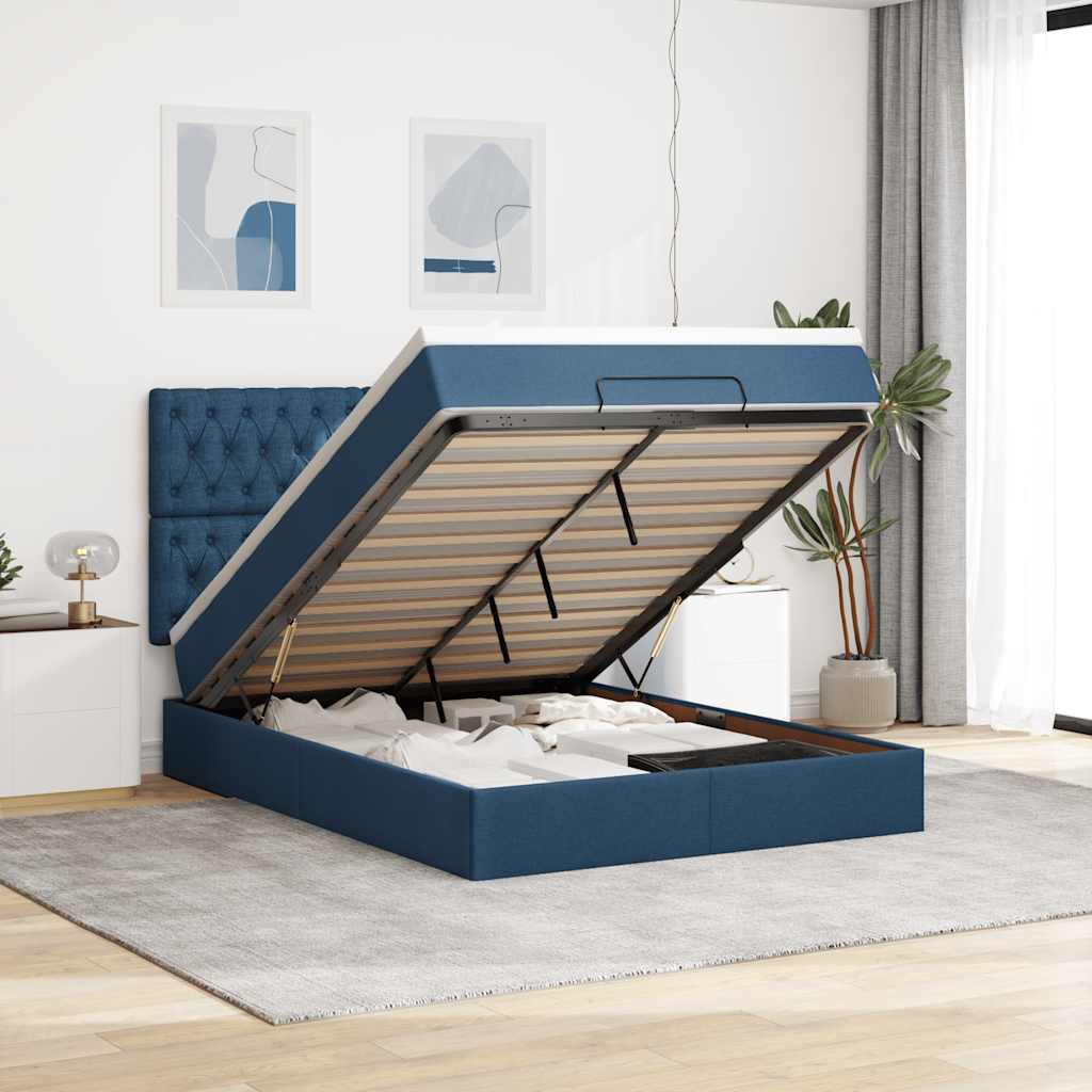 Cadre de lit ottoman avec matelas bleu 140x190 cm tissu - XIOS