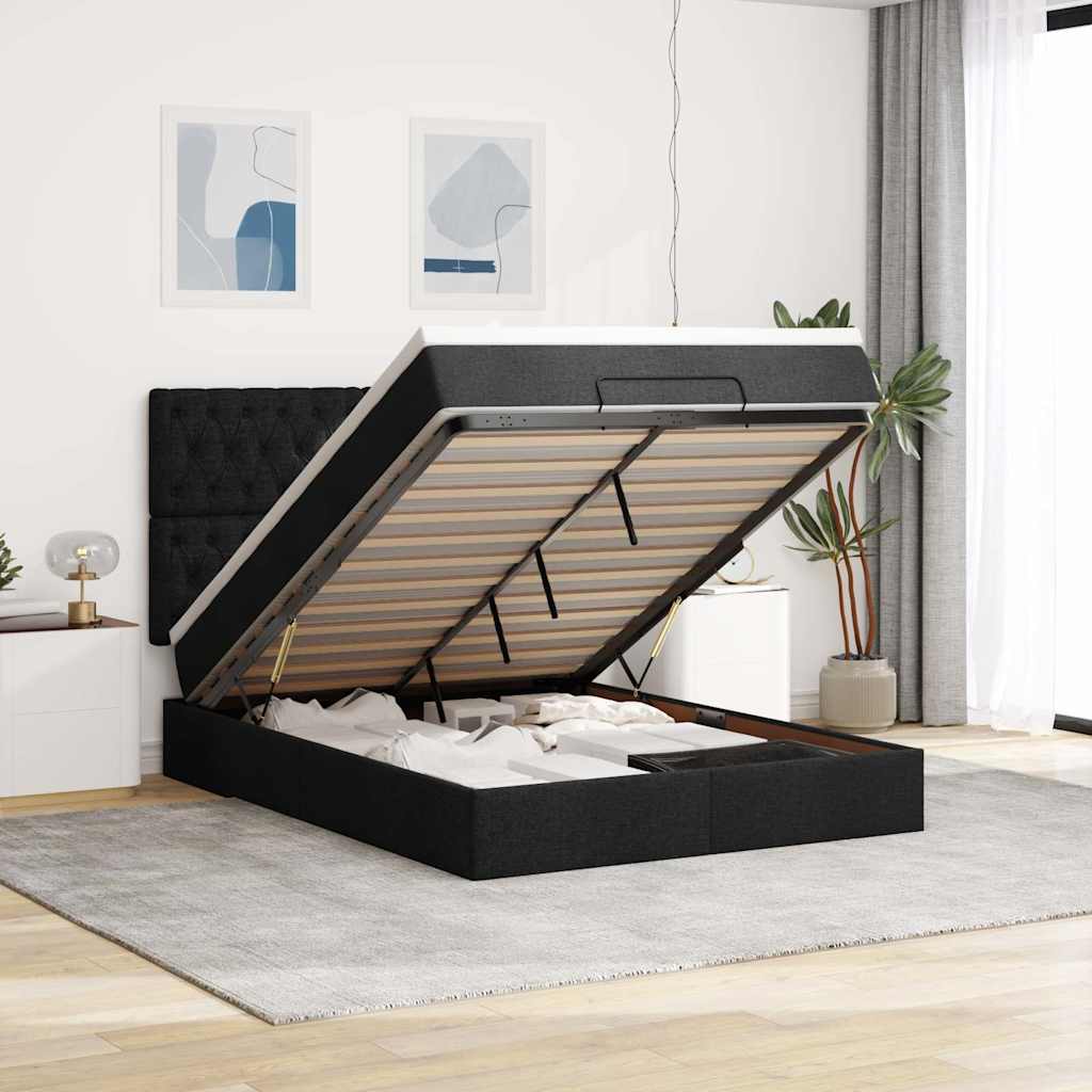 Cadre de lit ottoman avec matelas noir 140x200 cm tissu - XIOS