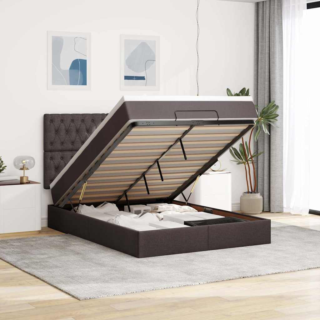 Cadre de lit ottoman avec matelas marron foncé 140x200 cm tissu - XIOS