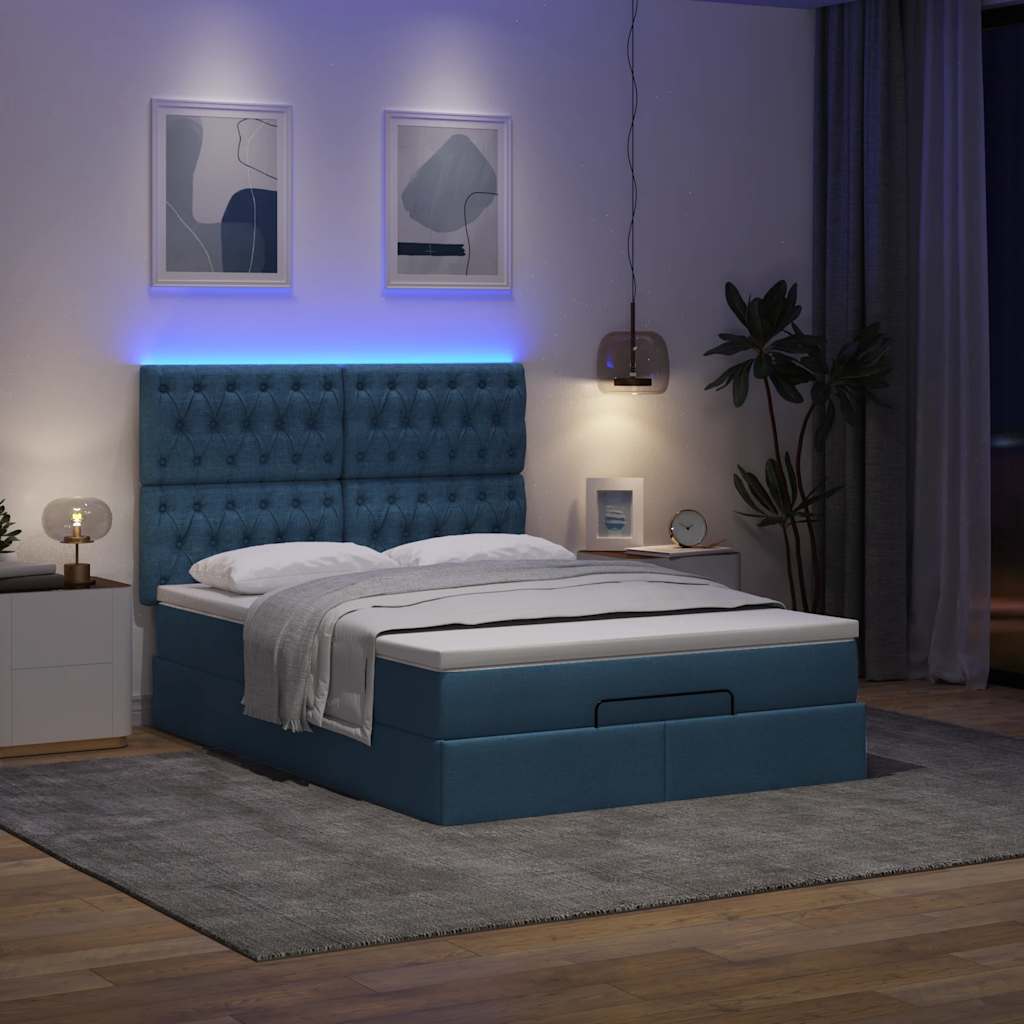 Cadre de lit ottoman avec matelas bleu 140x200 cm tissu - XIOS
